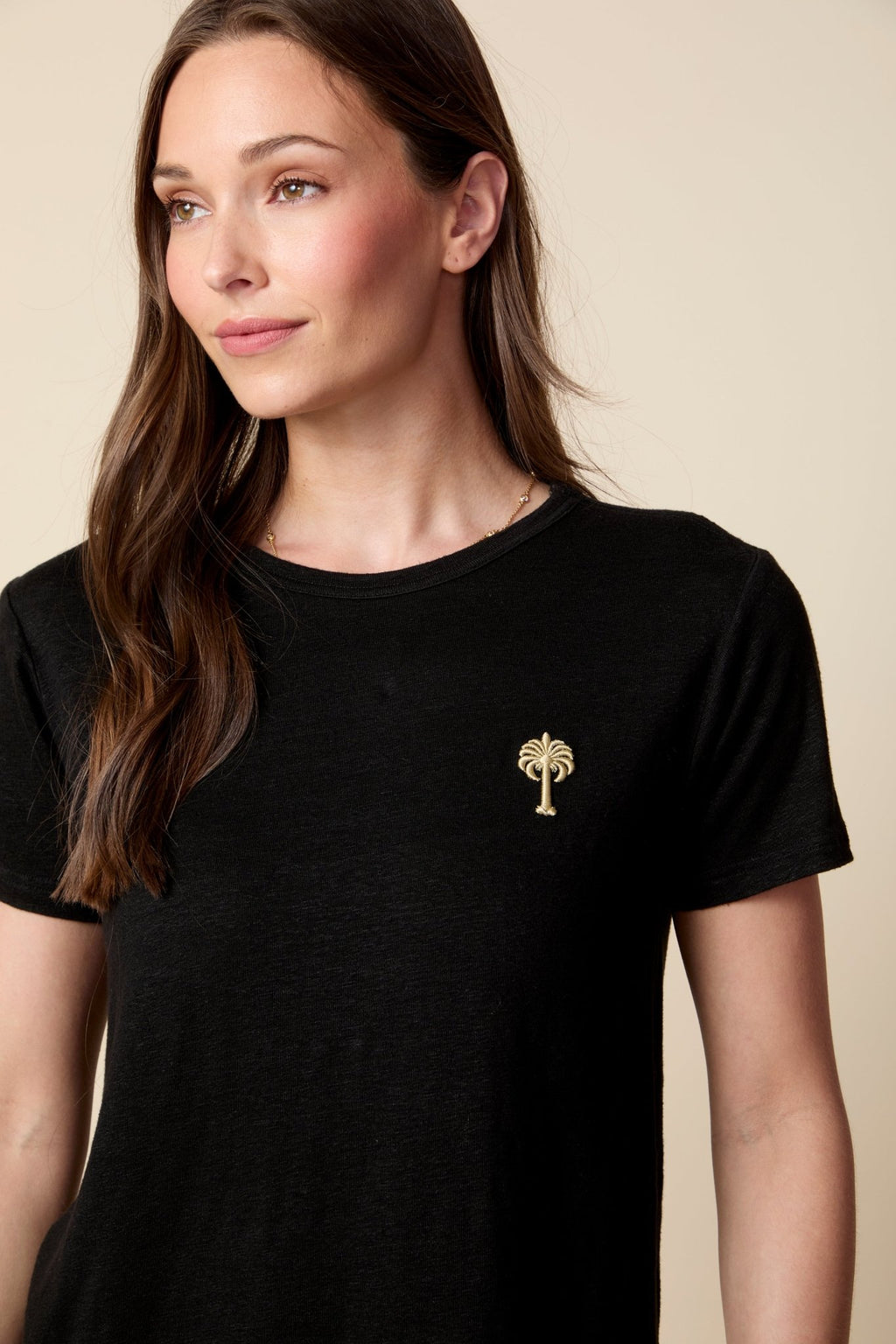THE LAYLA TEE IN BLACK LINEN JERSEY - PALM TREE EMBROIDERY - ROYAL PALMS love & legacy