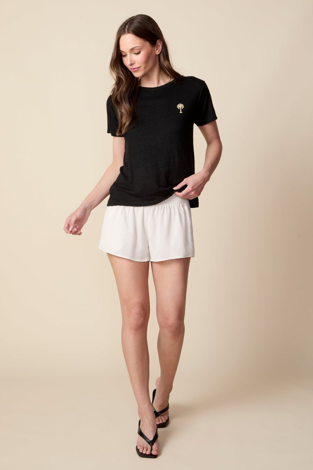THE LAYLA TEE IN BLACK LINEN JERSEY - PALM TREE EMBROIDERY - ROYAL PALMS love & legacy