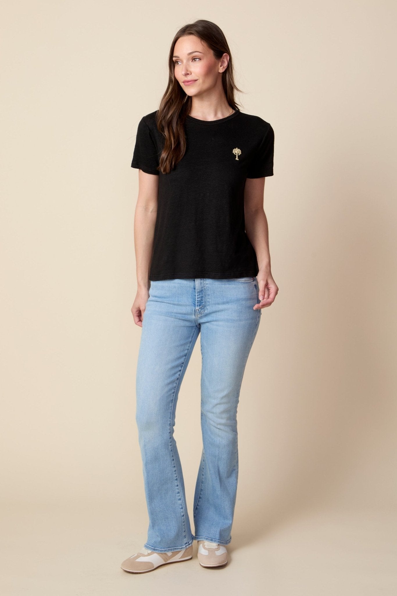 THE LAYLA TEE IN BLACK LINEN JERSEY - PALM TREE EMBROIDERY - ROYAL PALMS love & legacy