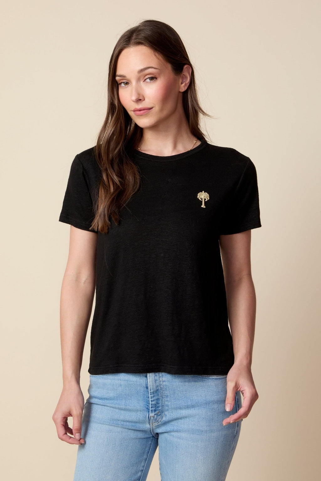 THE LAYLA TEE IN BLACK LINEN JERSEY - PALM TREE EMBROIDERY - ROYAL PALMS love & legacy
