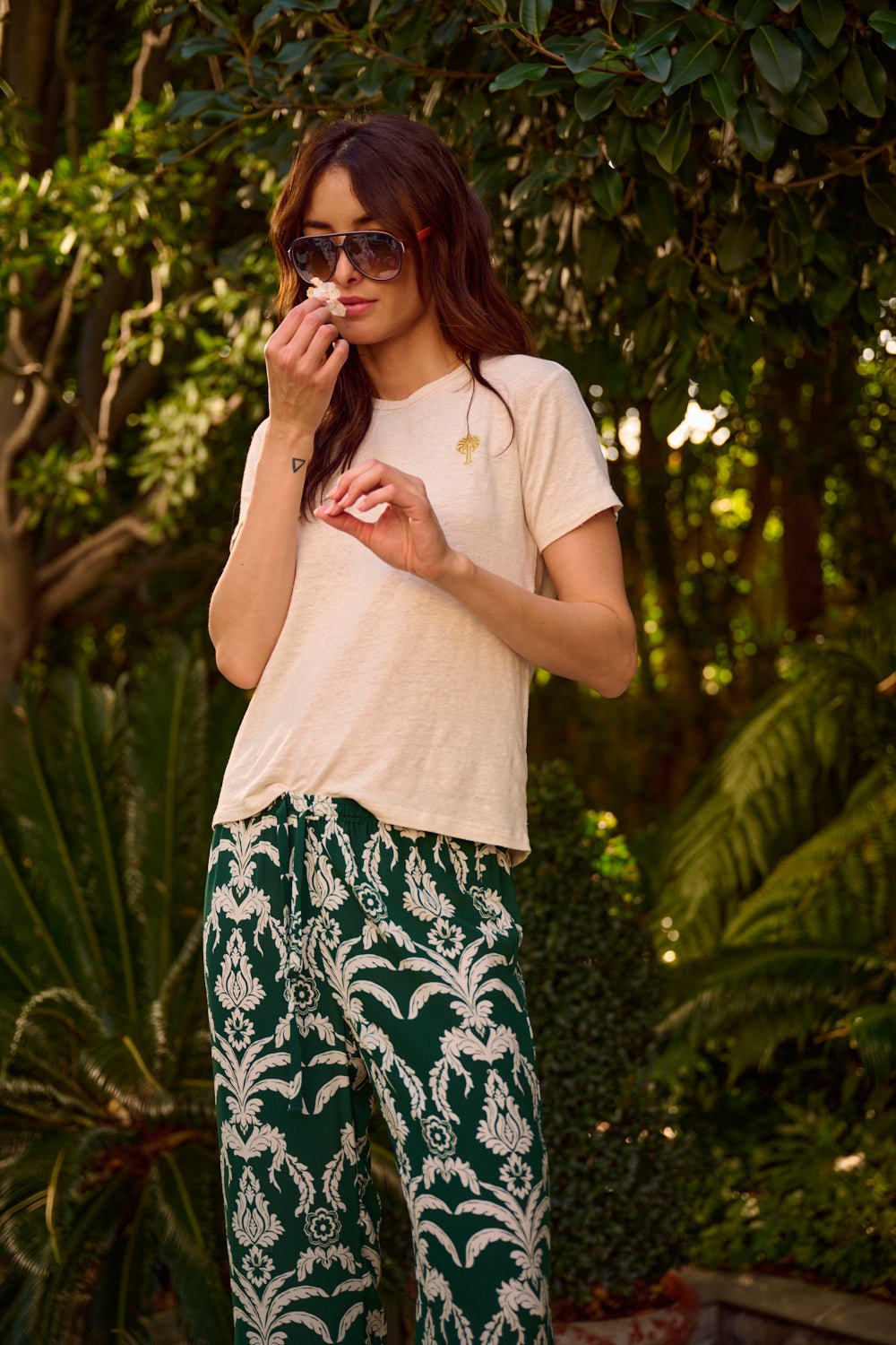 THE LAYLA TEE IN GARDENIA LINEN JERSEY - PALM TREE EMBROIDERY - ROYAL PALMS love & legacy