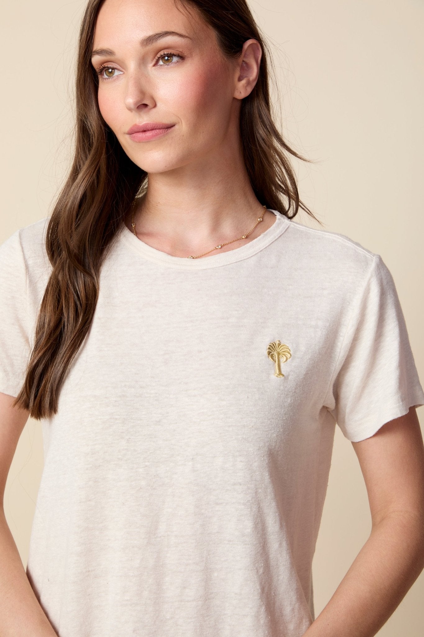 THE LAYLA TEE IN GARDENIA LINEN JERSEY - PALM TREE EMBROIDERY - ROYAL PALMS love & legacy