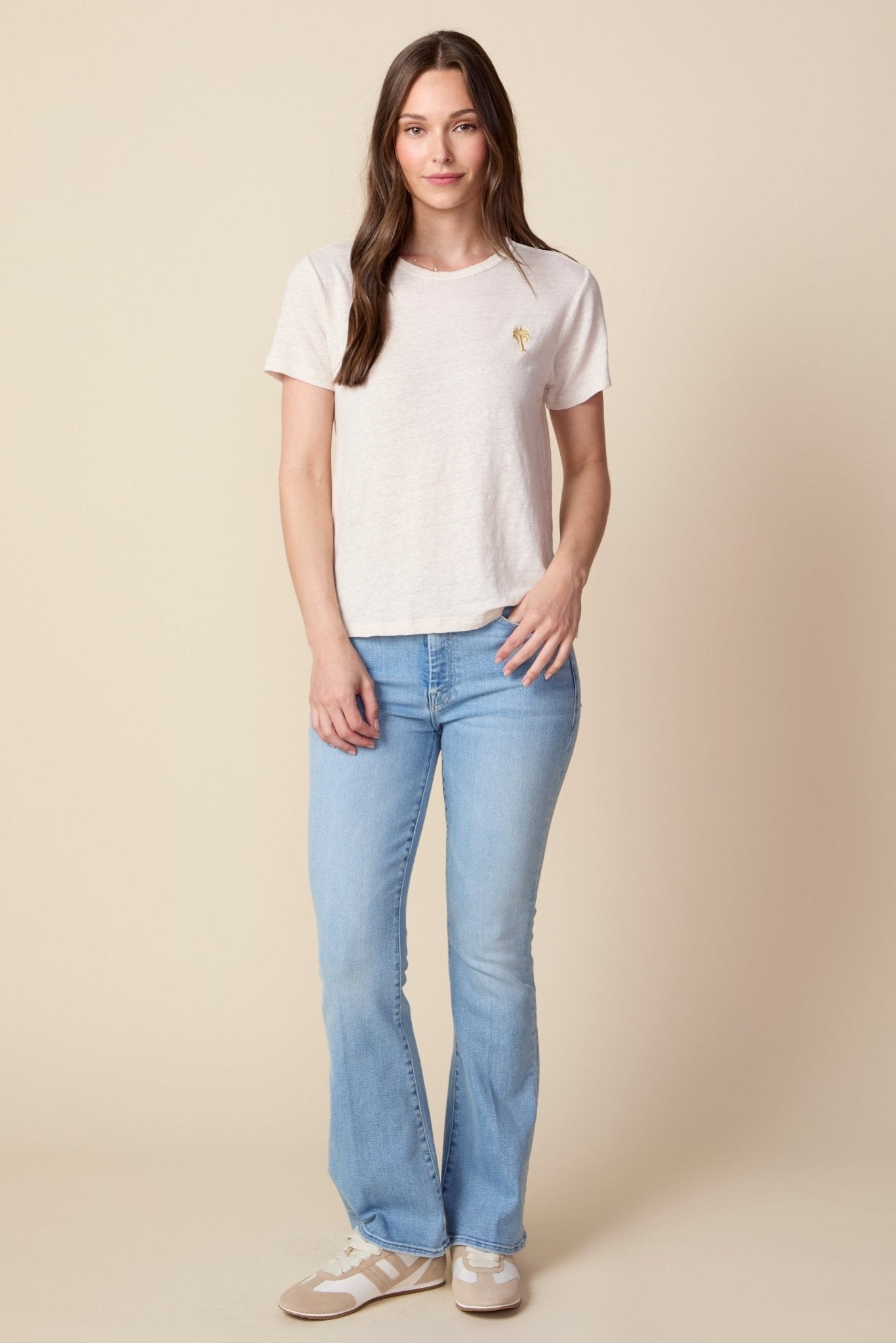 THE LAYLA TEE IN GARDENIA LINEN JERSEY - PALM TREE EMBROIDERY - ROYAL PALMS love & legacy