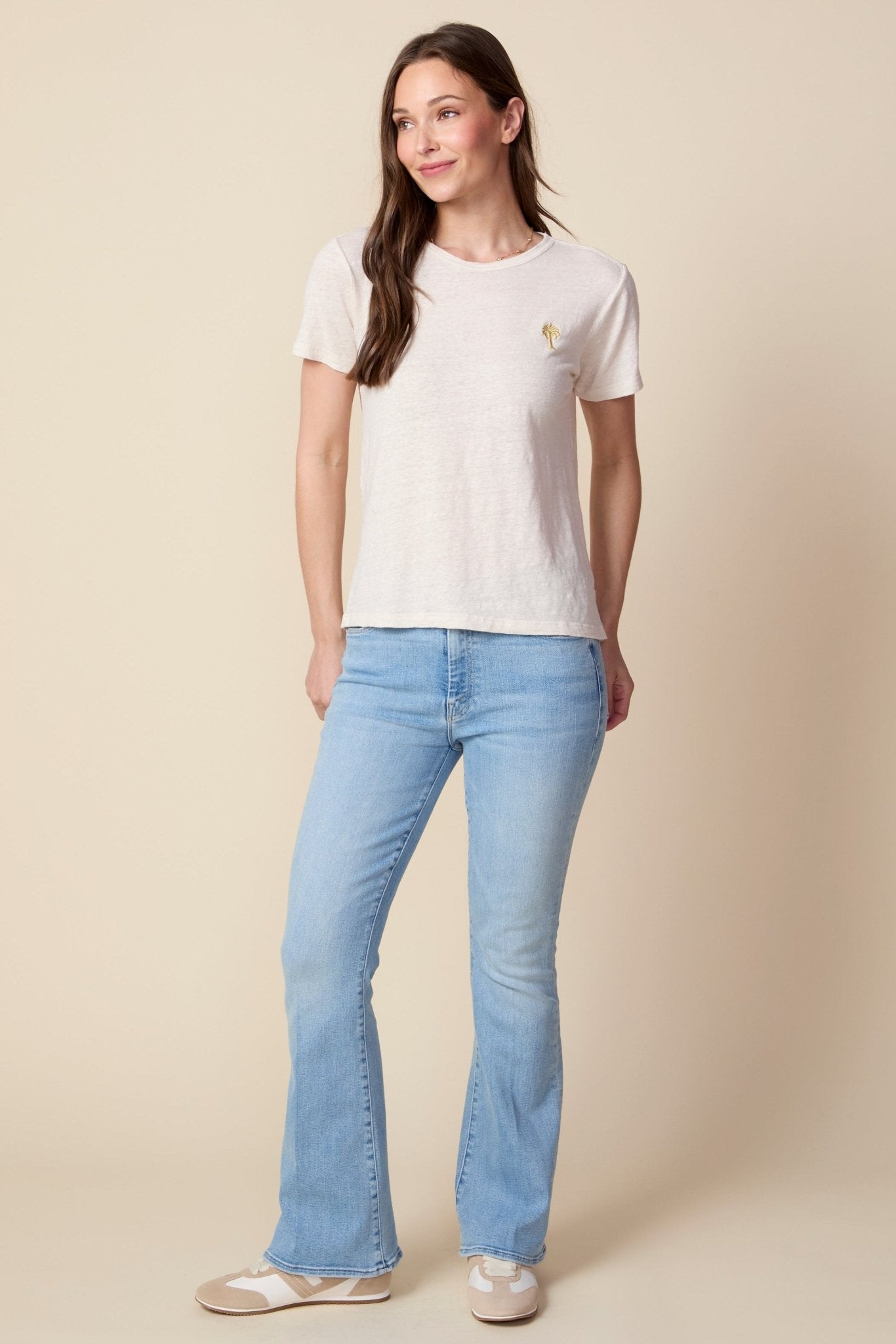 THE LAYLA TEE IN GARDENIA LINEN JERSEY - PALM TREE EMBROIDERY - ROYAL PALMS love & legacy