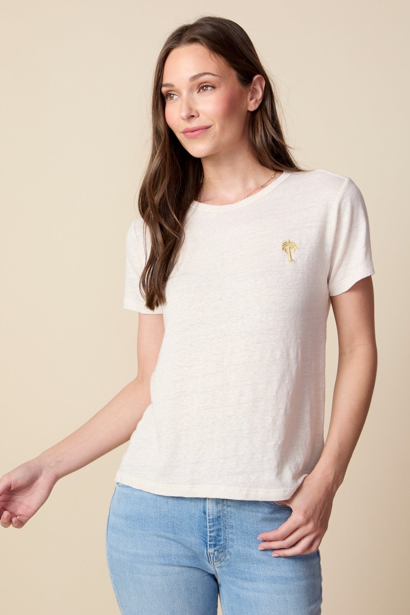 THE LAYLA TEE IN GARDENIA LINEN JERSEY - PALM TREE EMBROIDERY - ROYAL PALMS love & legacy