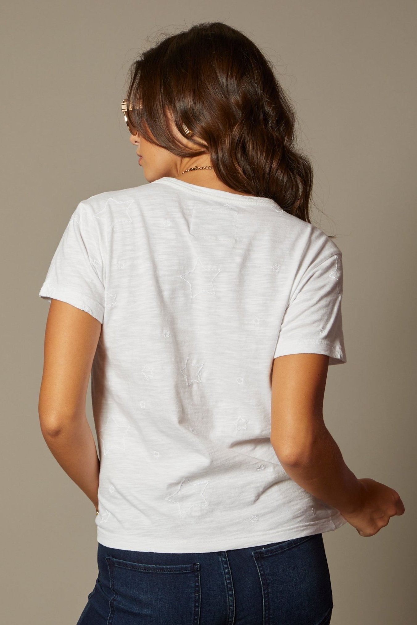 THE LAYLA TEE IN WHITE WITH ALL OVER STAR EMBROIDERY - ROYAL PALMS love & legacy