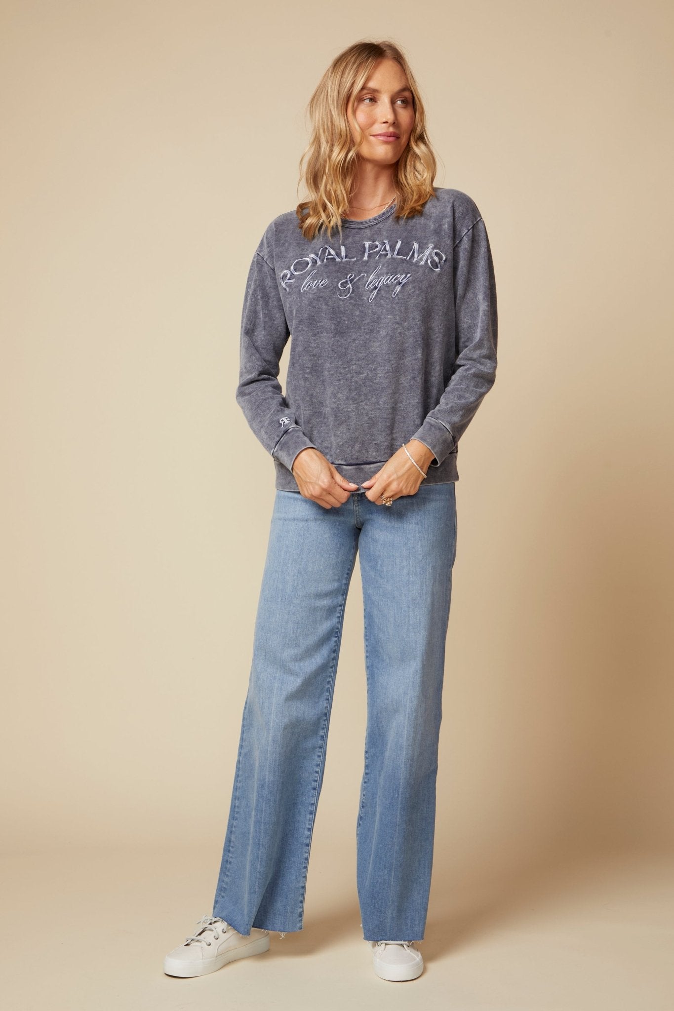 THE MADISON PULLOVER SWEATSHIRT IN COTTON SLUB FRENCH TERRY IN NAVY - ROYAL PALMS love & legacy