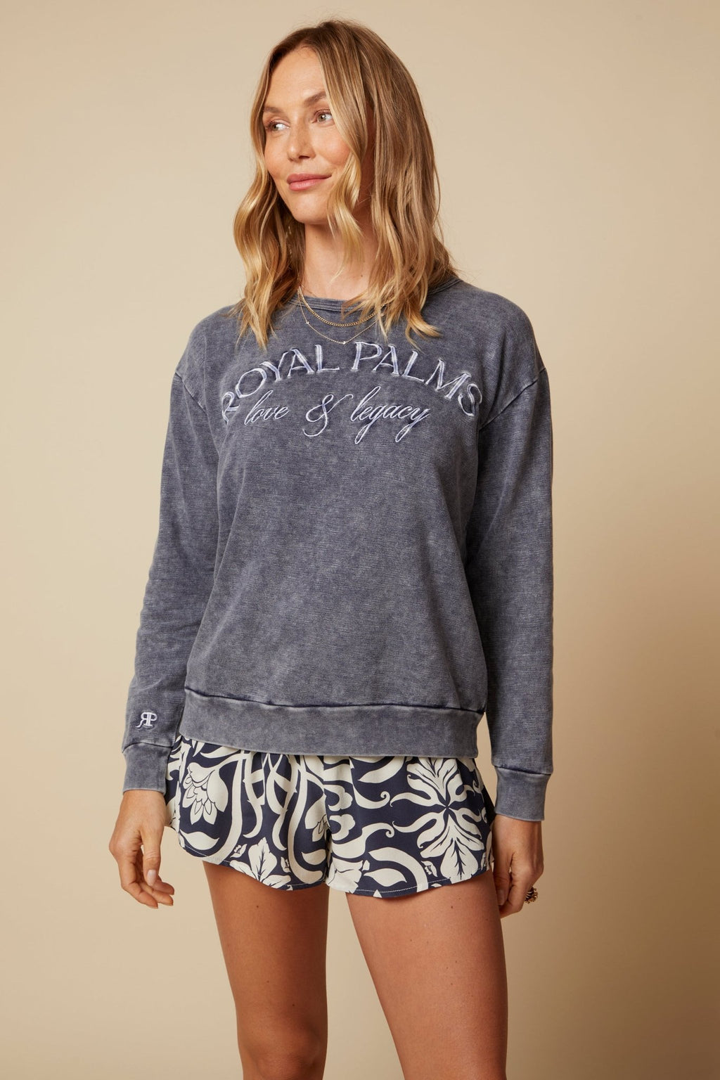 THE MADISON PULLOVER SWEATSHIRT IN COTTON SLUB FRENCH TERRY IN NAVY - ROYAL PALMS love & legacy