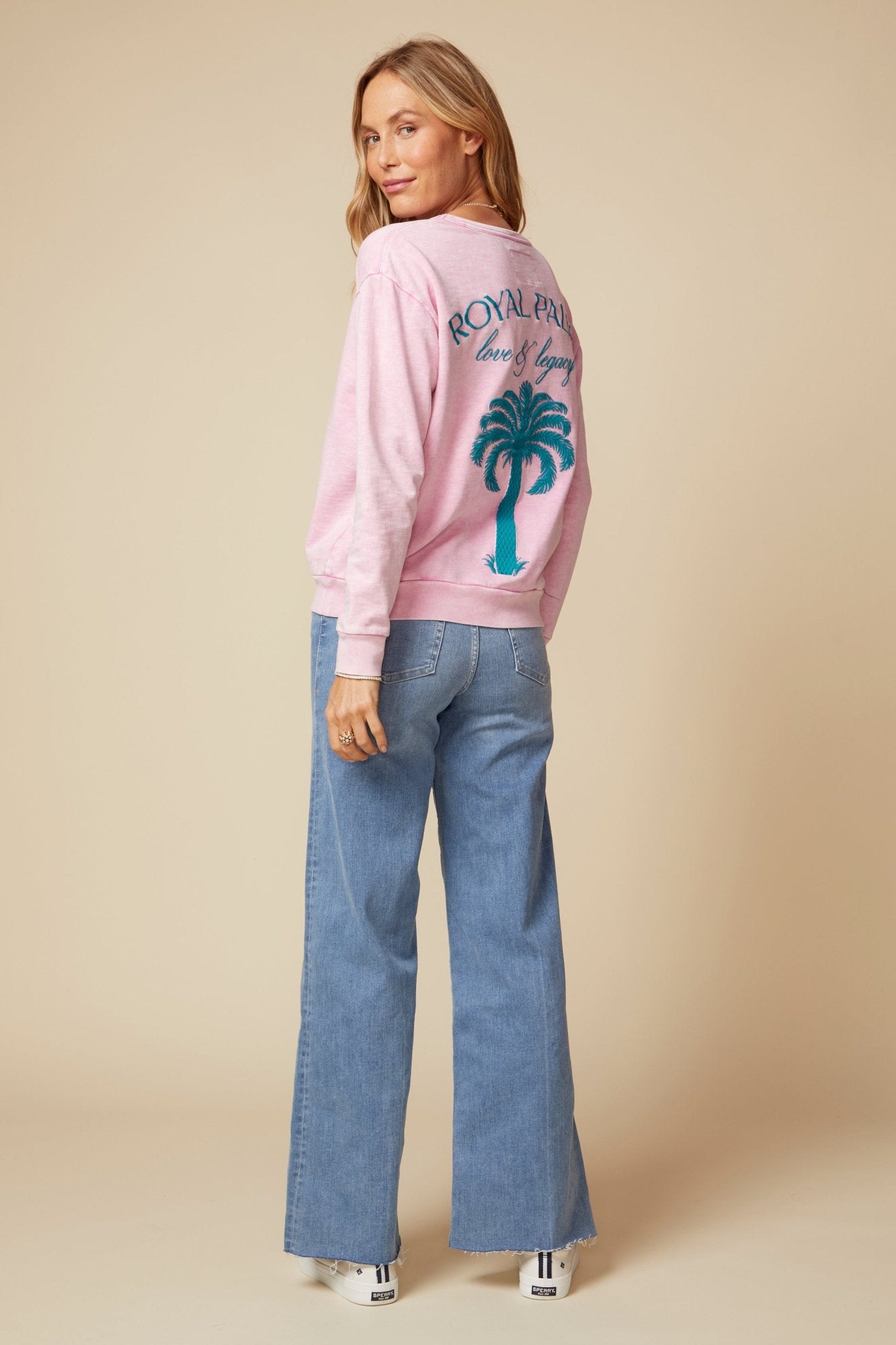 THE MADISON PULLOVER SWEATSHIRT IN COTTON SLUB FRENCH TERRY IN WASHED PINK - ROYAL PALMS love & legacy