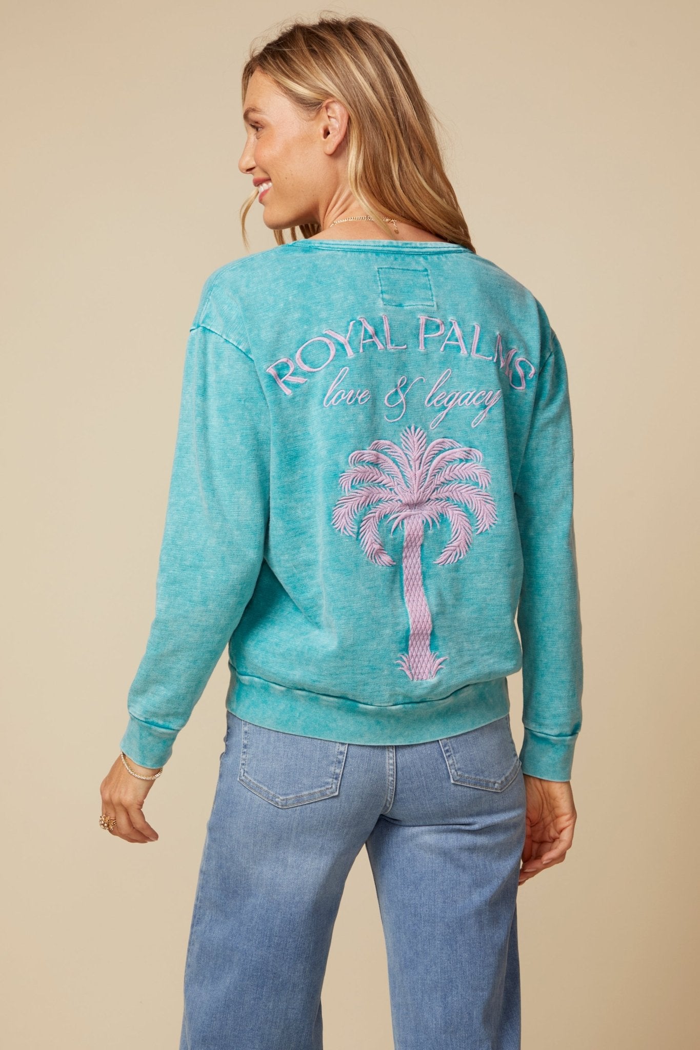 THE MADISON PULLOVER SWEATSHIRT IN COTTON SLUB FRENCH TERRY IN WASHED TEAL - ROYAL PALMS love & legacy