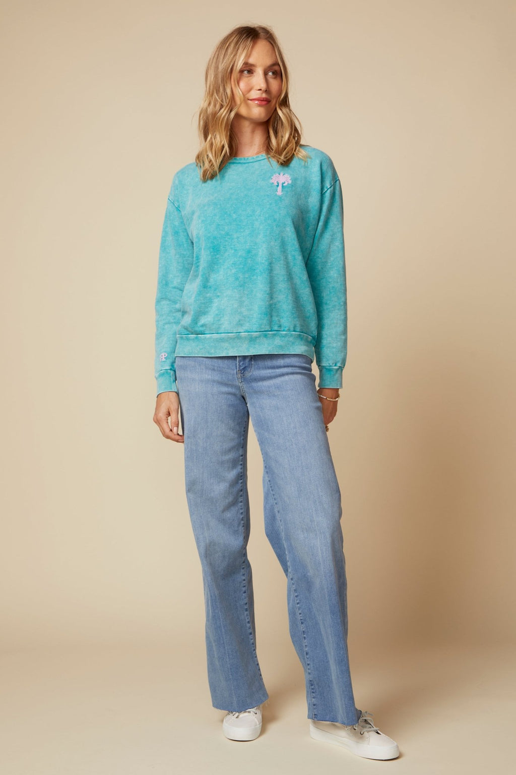THE MADISON PULLOVER SWEATSHIRT IN COTTON SLUB FRENCH TERRY IN WASHED TEAL - ROYAL PALMS love & legacy