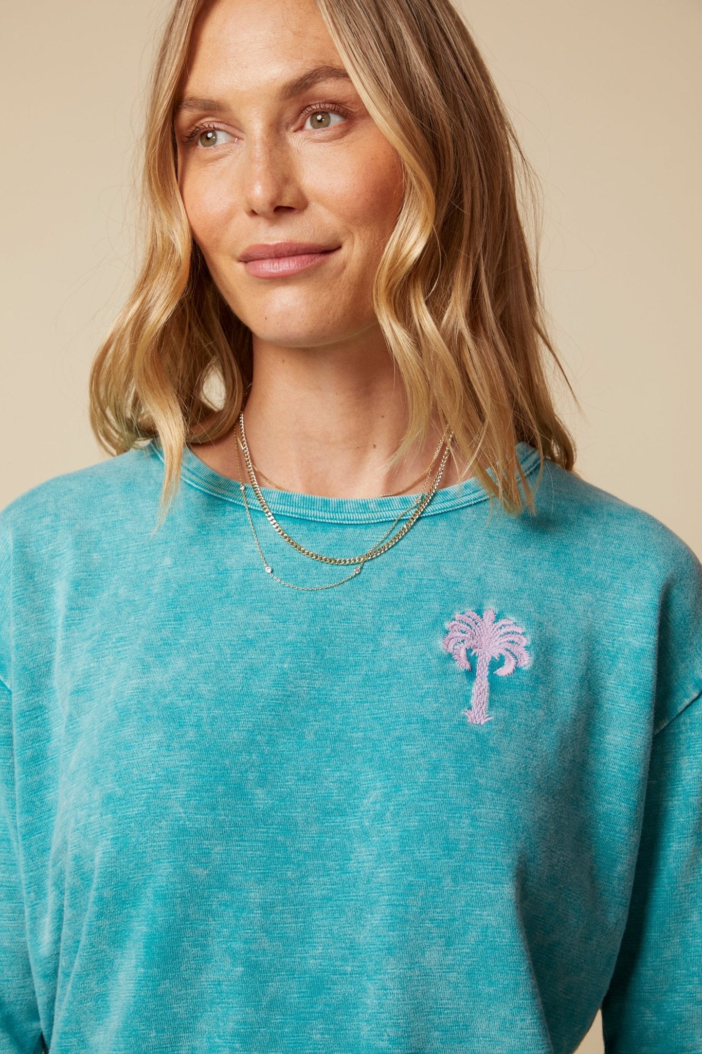 THE MADISON PULLOVER SWEATSHIRT IN COTTON SLUB FRENCH TERRY IN WASHED TEAL - ROYAL PALMS love & legacy