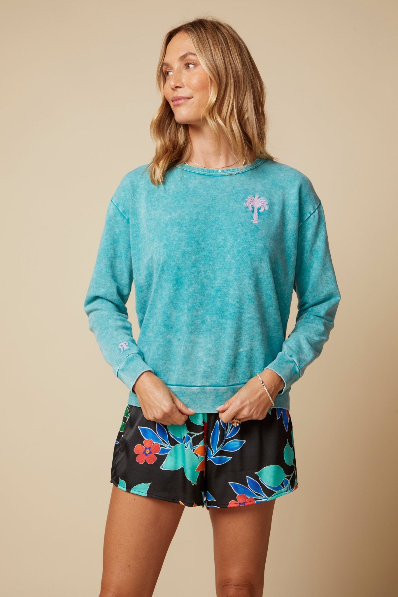 THE MADISON PULLOVER SWEATSHIRT IN COTTON SLUB FRENCH TERRY IN WASHED TEAL - ROYAL PALMS love & legacy