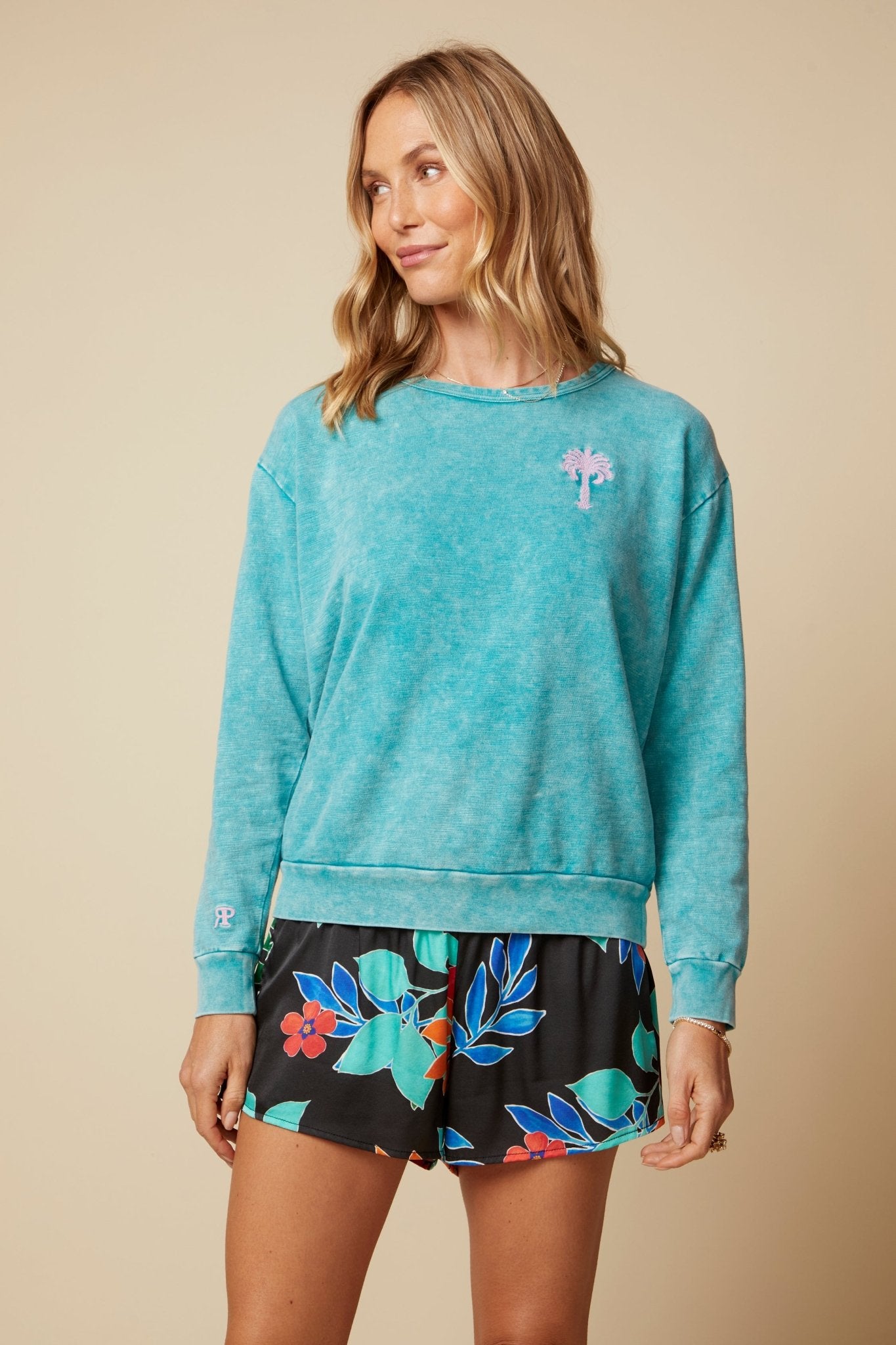 THE MADISON PULLOVER SWEATSHIRT IN COTTON SLUB FRENCH TERRY IN WASHED TEAL - ROYAL PALMS love & legacy