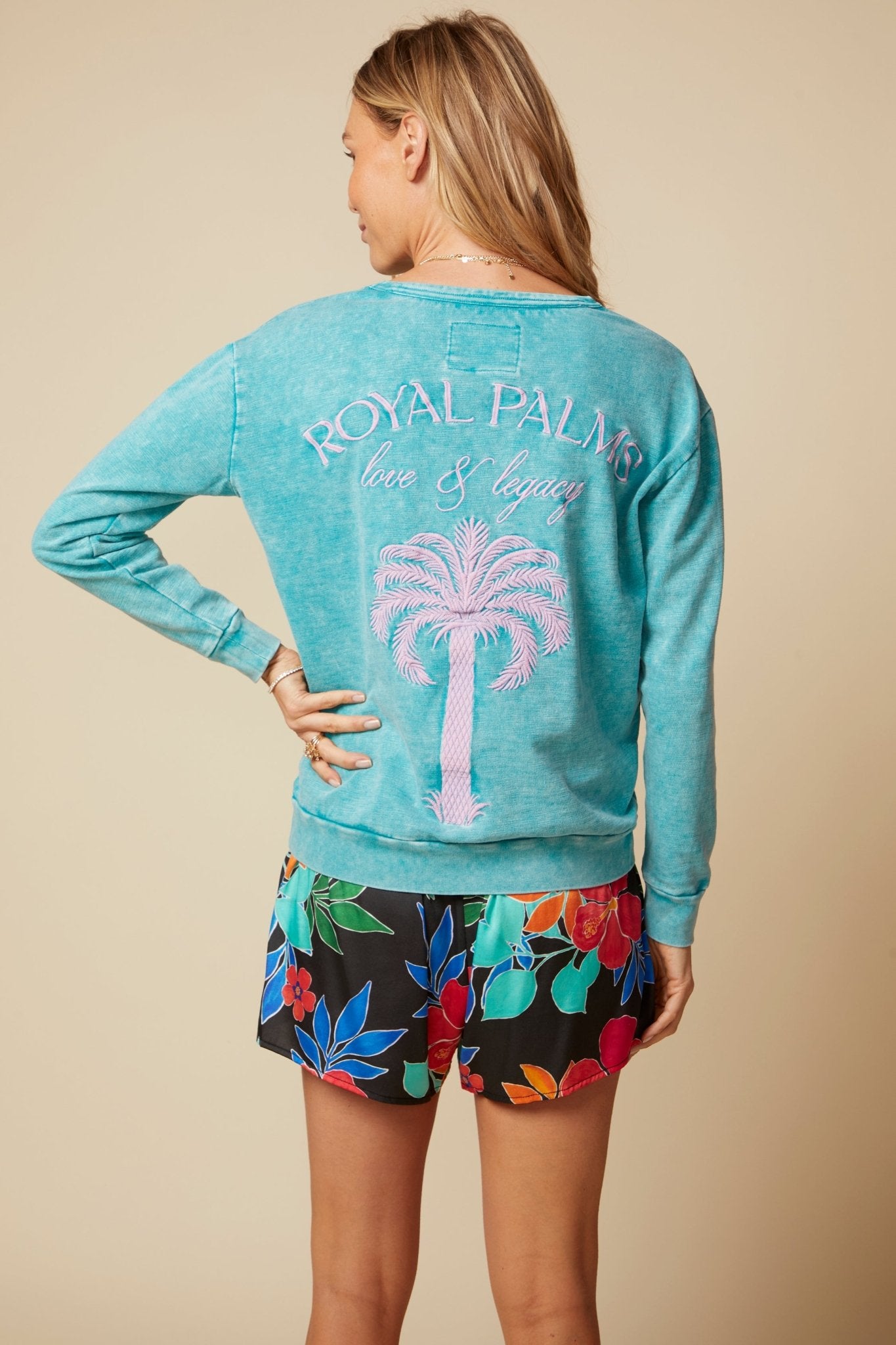 THE MADISON PULLOVER SWEATSHIRT IN COTTON SLUB FRENCH TERRY IN WASHED TEAL - ROYAL PALMS love & legacy