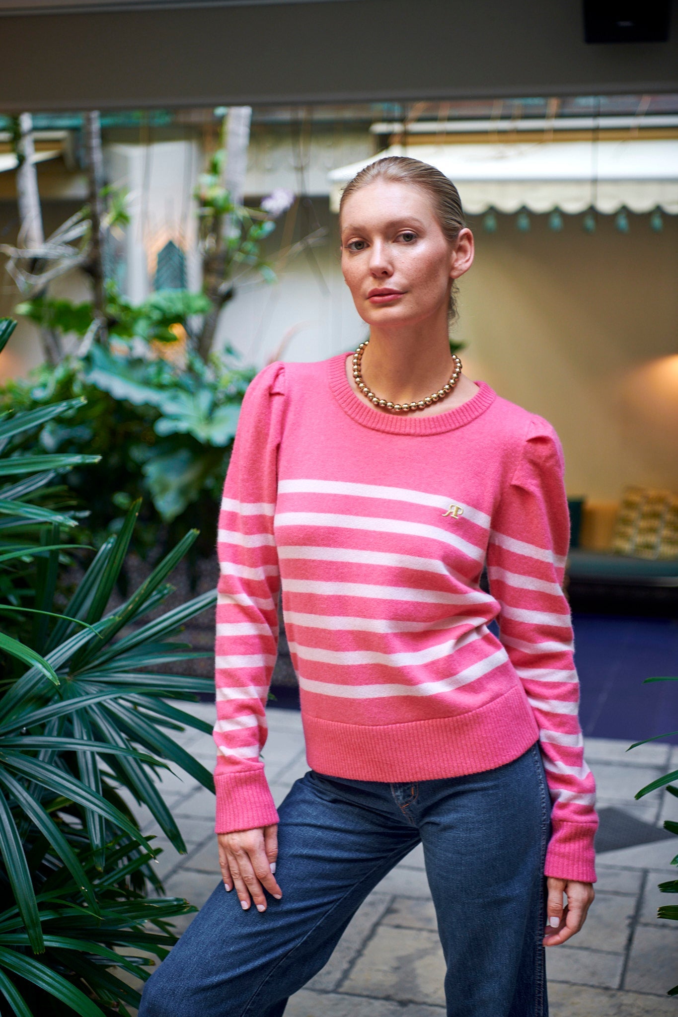 THE MILLY CASHMERE PUFF LONG SLEEVE PULLOVER IN BRIGHT CORAL & LIGHT PINK STRIPES - ROYAL PALMS love & legacy