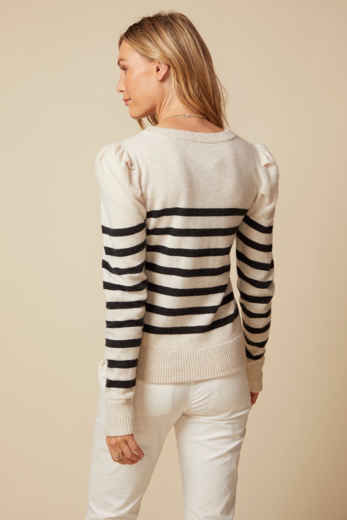 THE MILLY CASHMERE PUFF LONG SLEEVE PULLOVER IN LIGHT OATMEAL & CHARCOAL STRIPES - ROYAL PALMS love & legacy