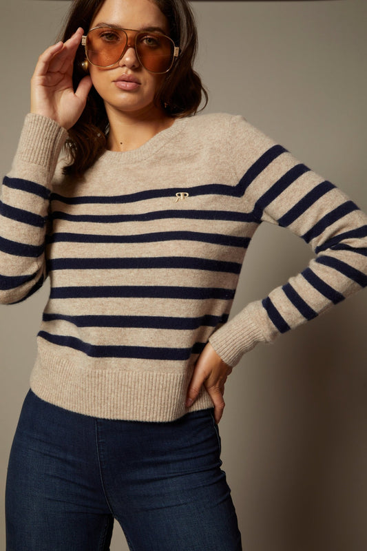 THE MIMI CASHMERE SWEATER IN BRETON STRIPES - ROYAL PALMS love & legacy