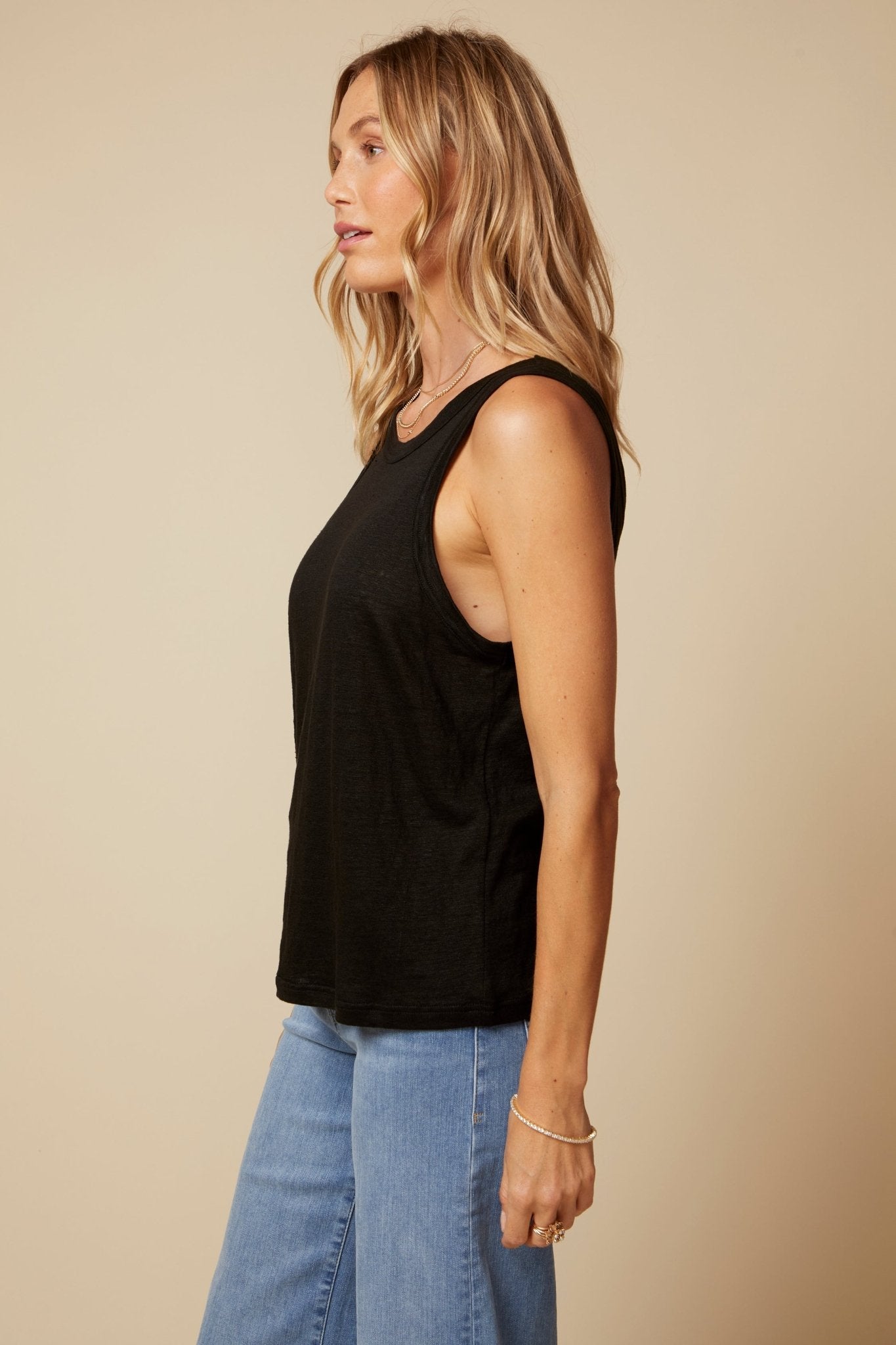 THE MOLLY TANK IN BLACK LINEN - BACK TO FRONT - ROYAL PALMS love & legacy