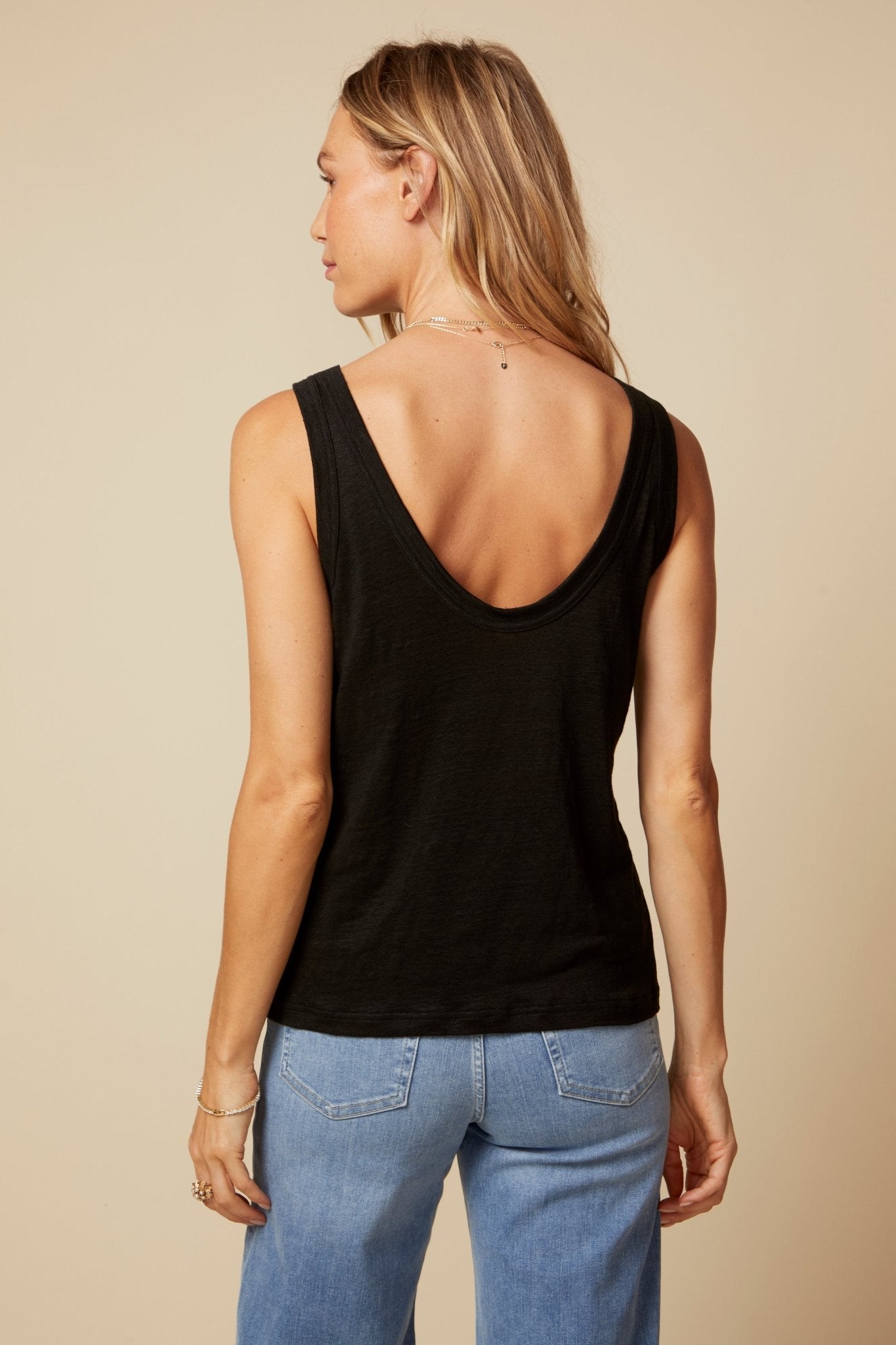 THE MOLLY TANK IN BLACK LINEN - BACK TO FRONT - ROYAL PALMS love & legacy
