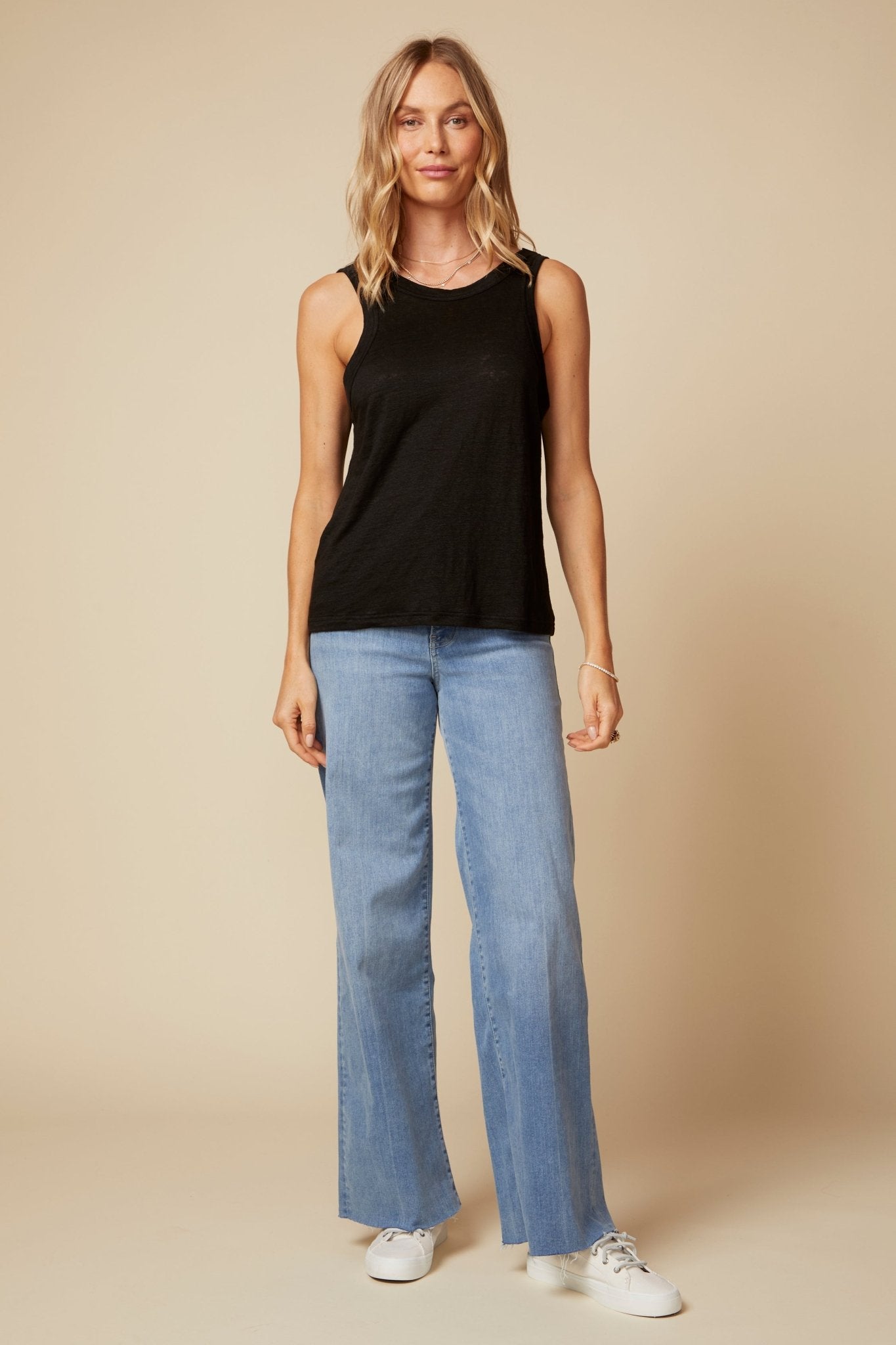 THE MOLLY TANK IN BLACK LINEN - BACK TO FRONT - ROYAL PALMS love & legacy