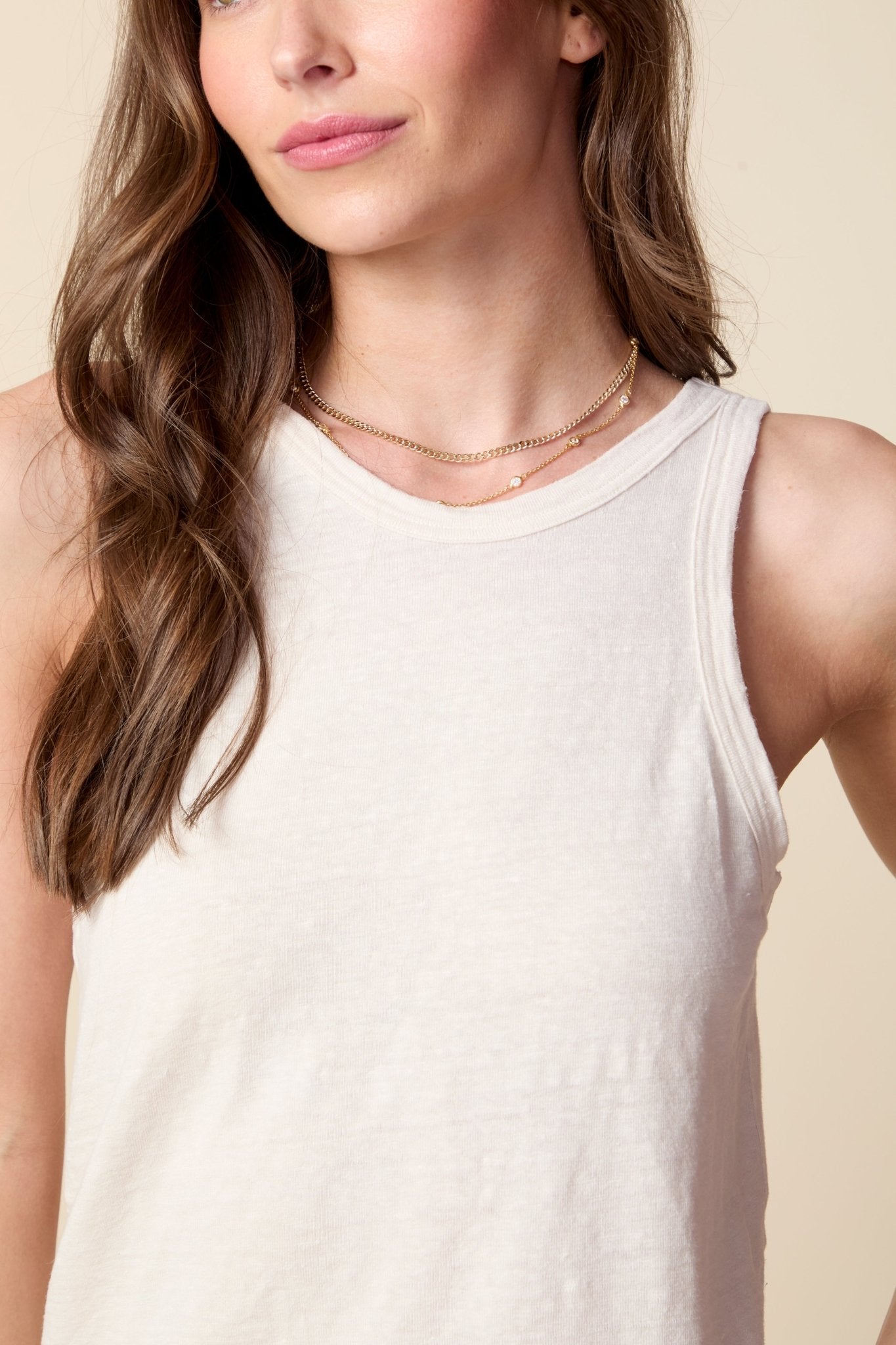 THE MOLLY TANK IN LINEN JERSEY IN GARDENIA - BACK TO FRONT - ROYAL PALMS love & legacy