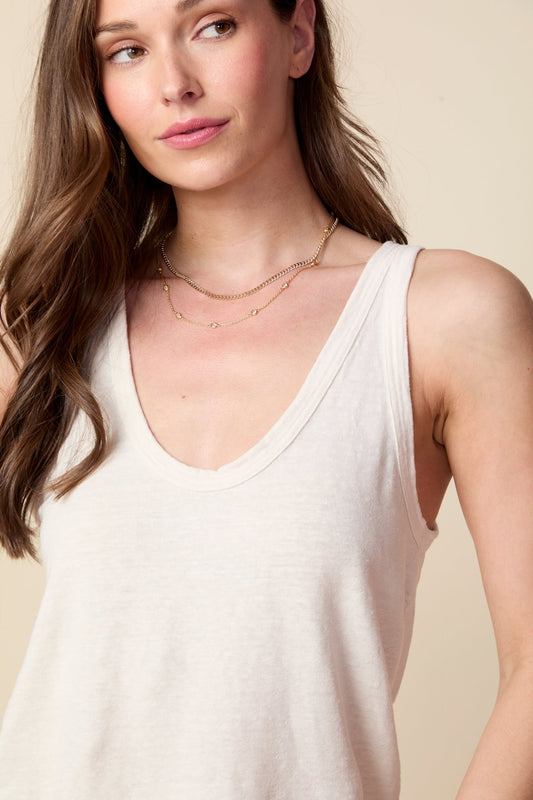 THE MOLLY TANK IN LINEN JERSEY IN GARDENIA - BACK TO FRONT - ROYAL PALMS love & legacy