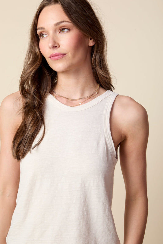 THE MOLLY TANK IN LINEN JERSEY IN GARDENIA - BACK TO FRONT - ROYAL PALMS love & legacy