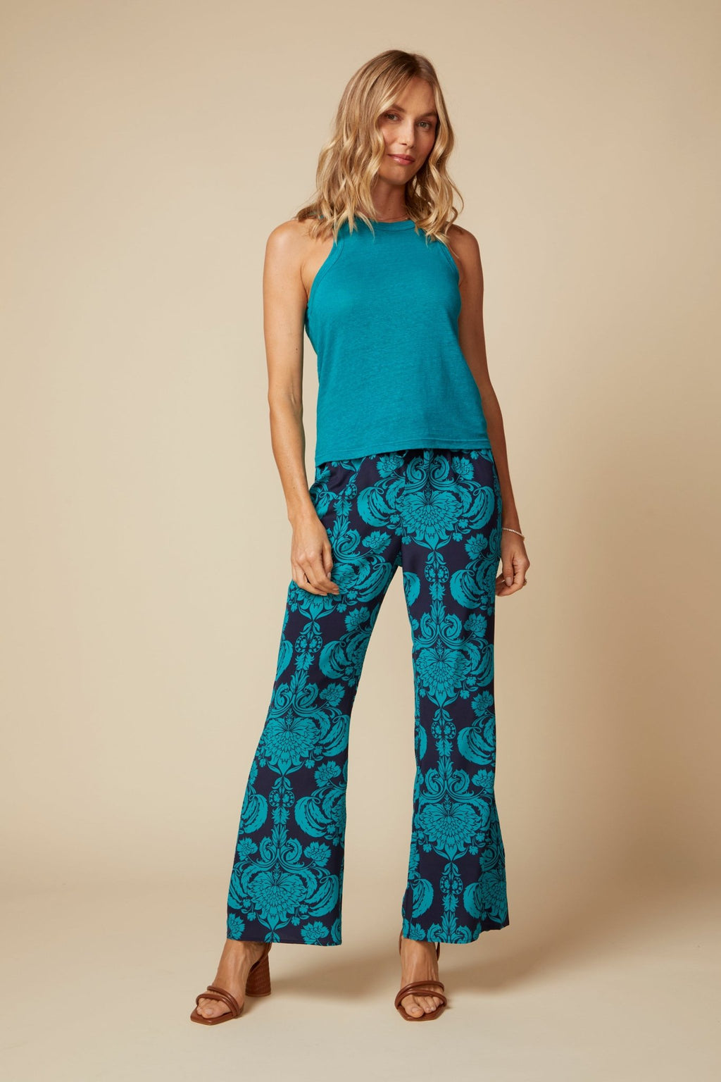 THE MOLLY TANK IN LINEN JERSEY IN TEAL - BACK TO FRONT - ROYAL PALMS love & legacy