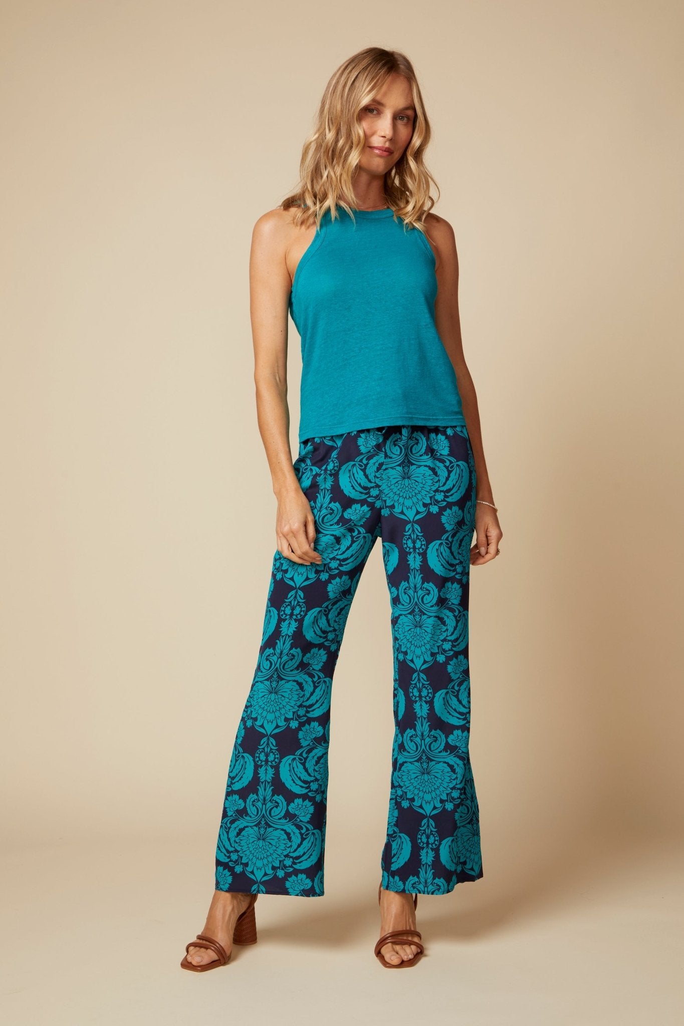 THE MOLLY TANK IN LINEN JERSEY IN TEAL - BACK TO FRONT - ROYAL PALMS love & legacy