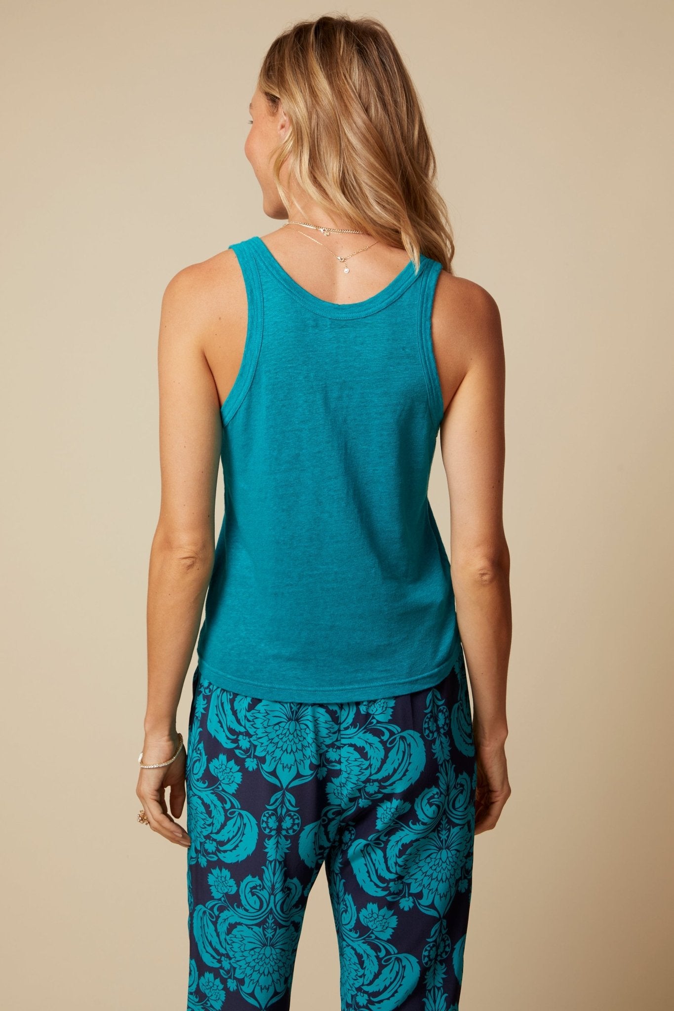 THE MOLLY TANK IN LINEN JERSEY IN TEAL - BACK TO FRONT - ROYAL PALMS love & legacy