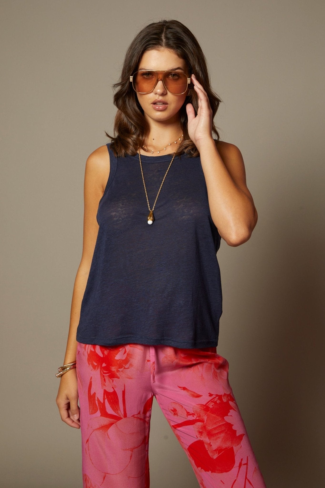 THE MOLLY TANK IN NAVY BLUE LINEN - BACK TO FRONT - ROYAL PALMS love & legacy