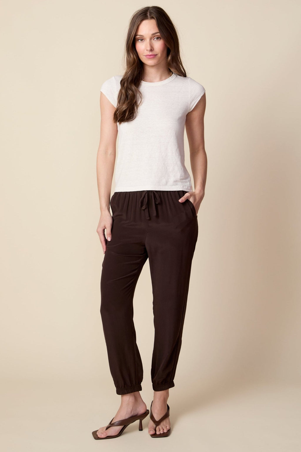 THE OLIVIA SILK JOGGER IN COFFEE BEAN BROWN - ROYAL PALMS love & legacy