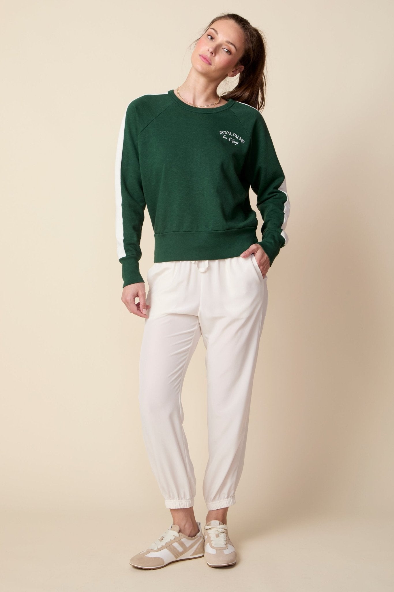 THE OLIVIA SILK JOGGER IN GARDENIA - ROYAL PALMS love & legacy