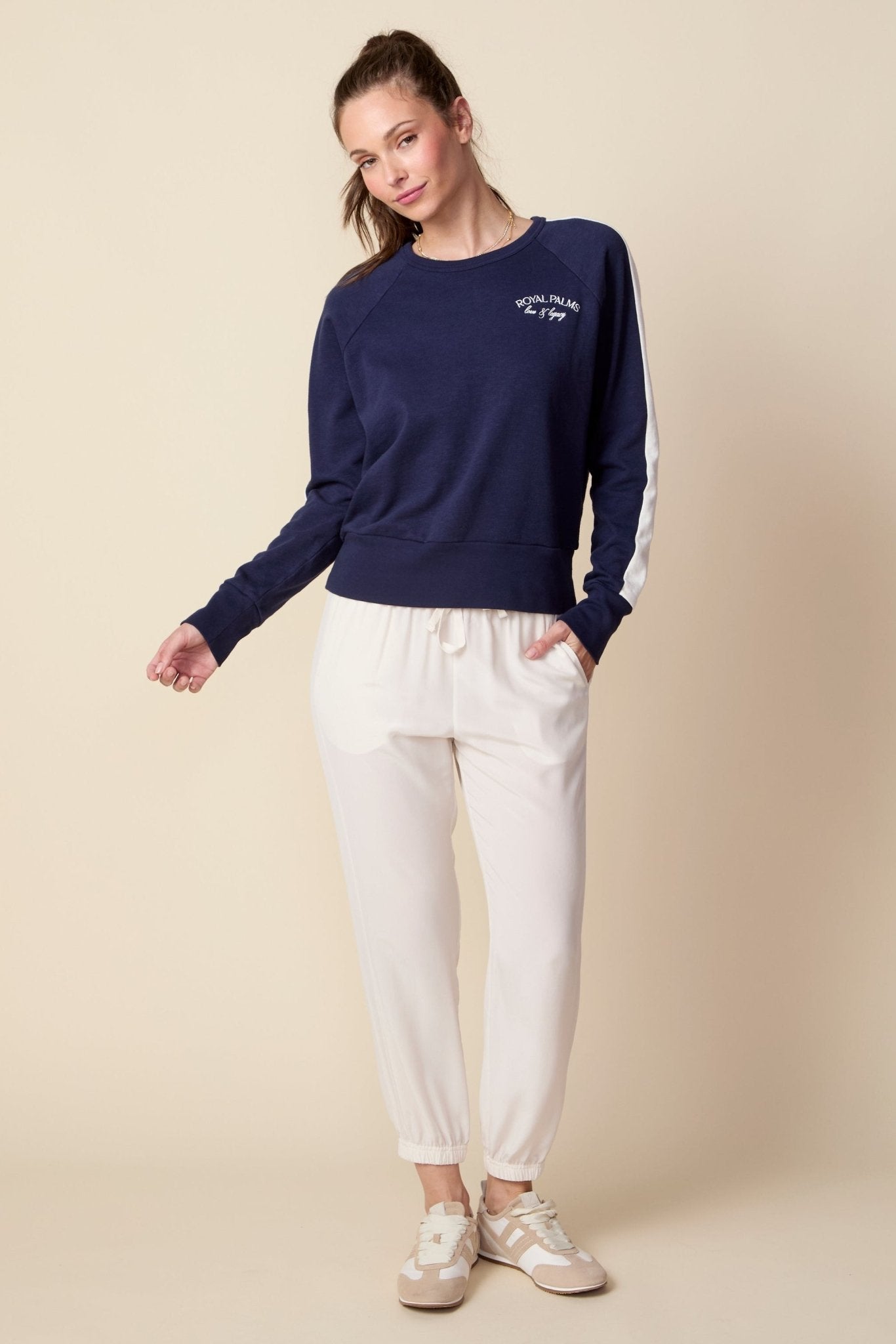 THE OLIVIA SILK JOGGER IN GARDENIA - ROYAL PALMS love & legacy
