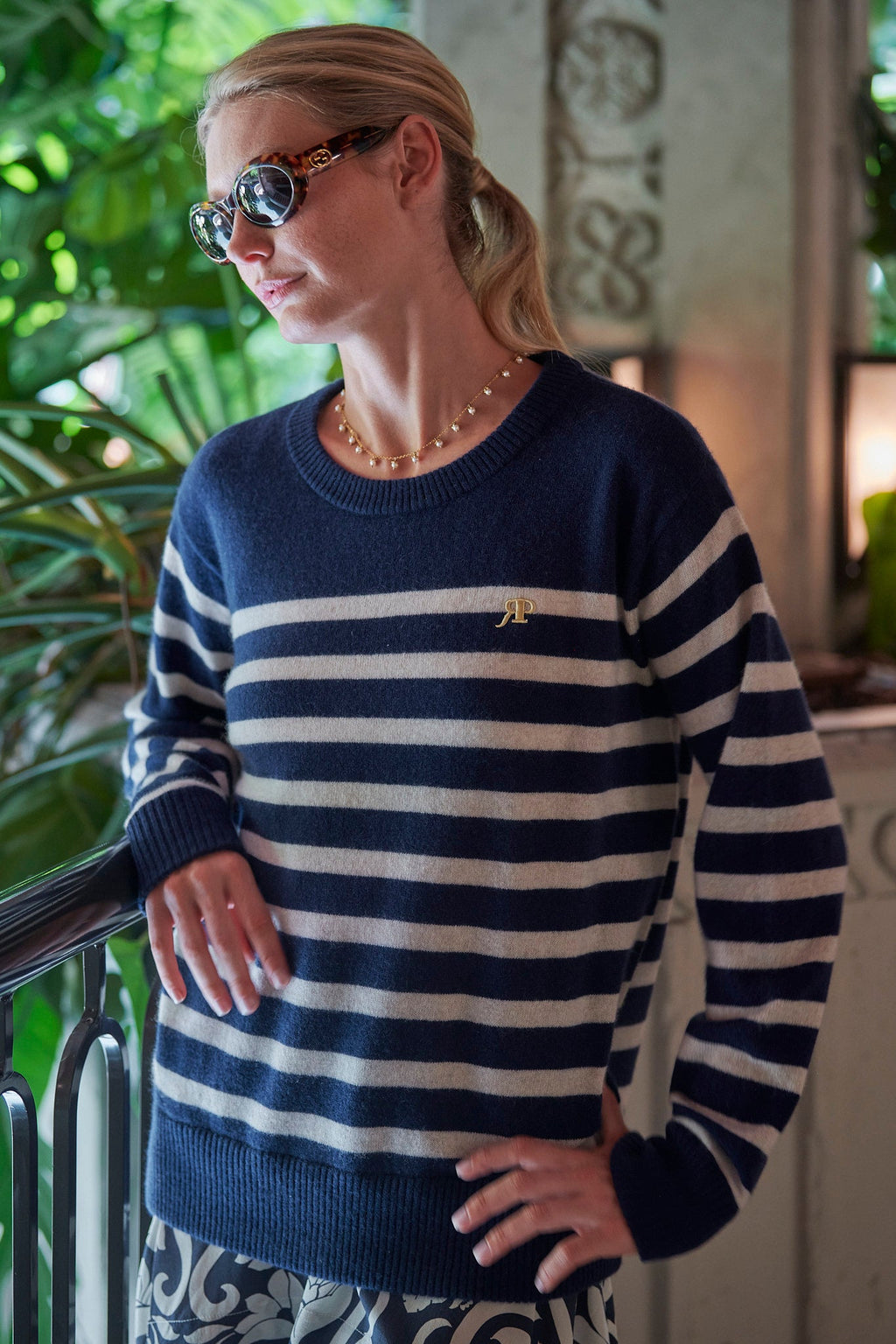 THE PIPER CASHMERE PULLOVER IN NAVY AND LIGHT OATMEAL BRETON STRIPES - ROYAL PALMS love & legacy