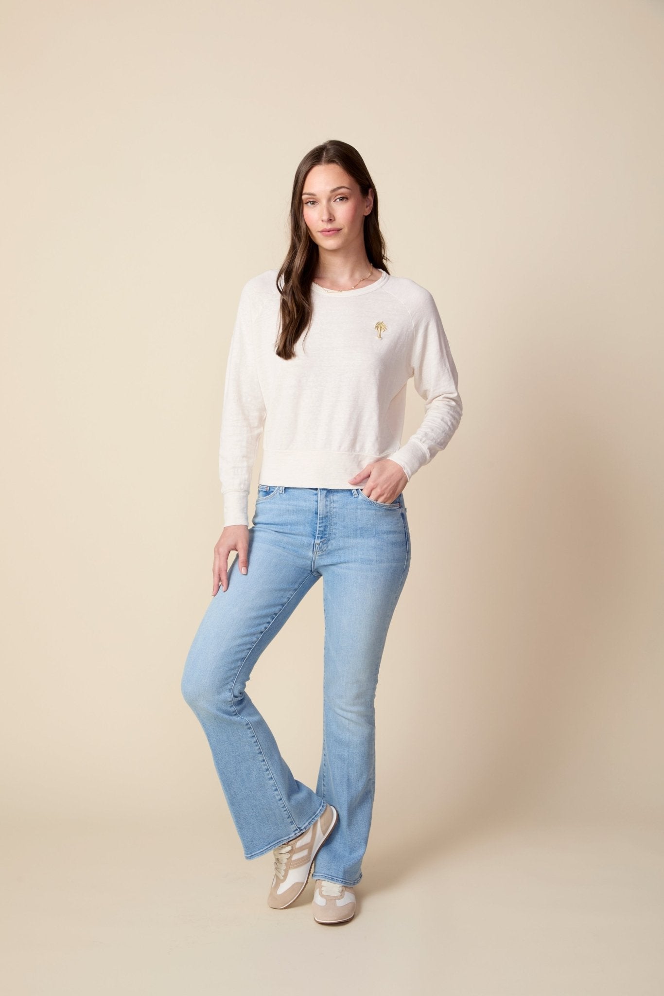 THE ROBBIE LONG SLEEVE RAGLAN TEE IN GARDENIA - ROYAL PALMS love & legacy
