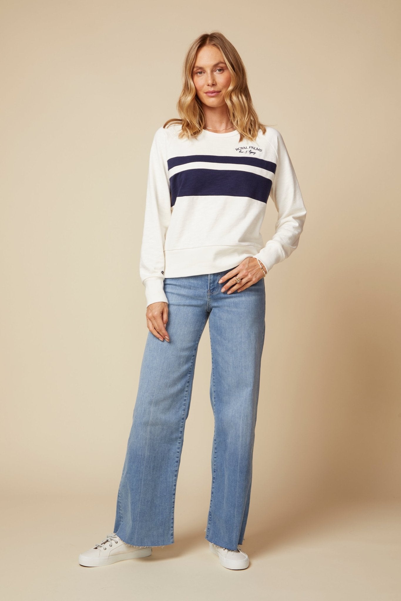 THE SABINE COLOR BLOCKED PULLOVER IN SLUB COTTON FRENCH TERRY - ROYAL PALMS love & legacy