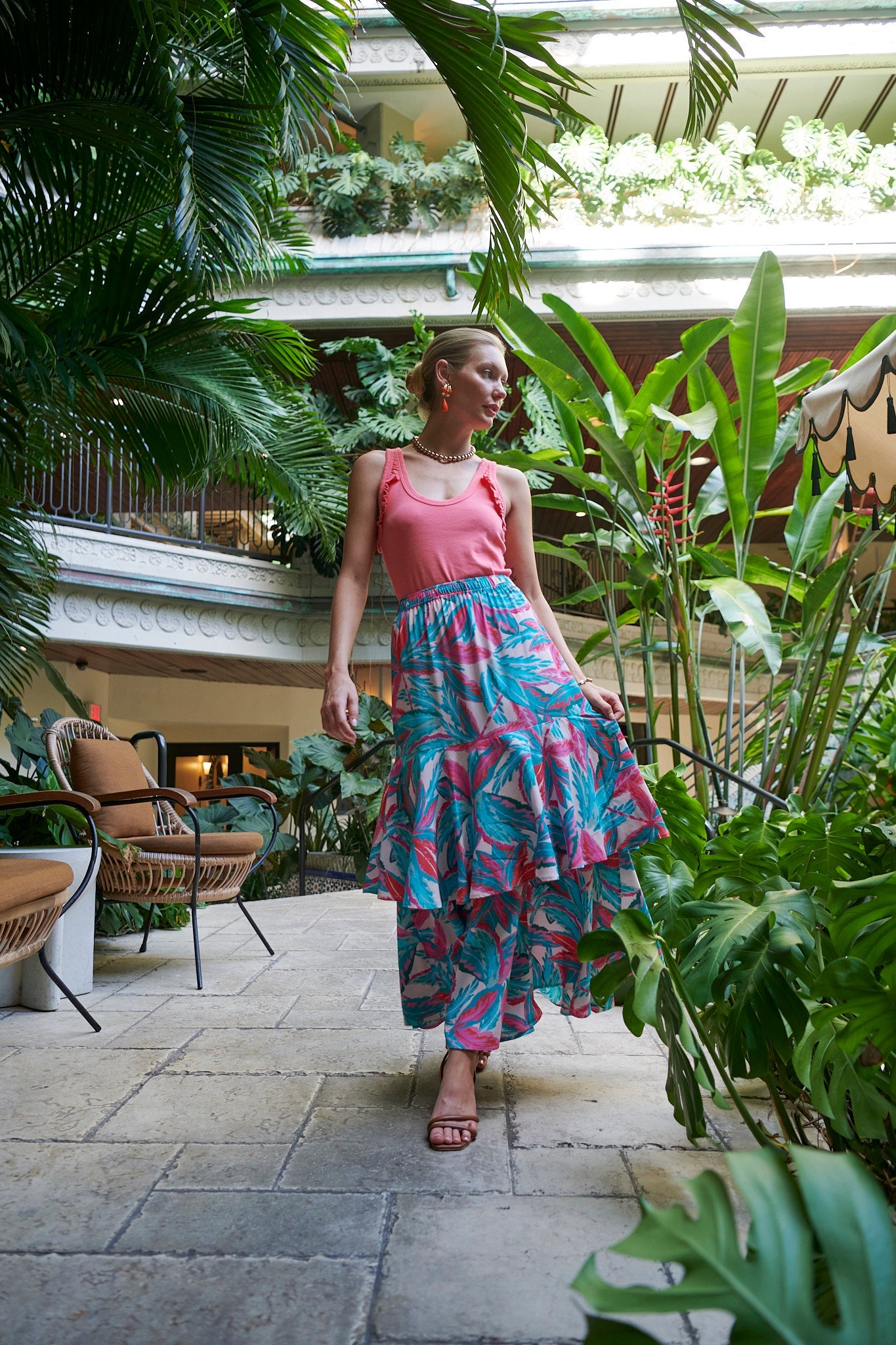 THE SIMONE SILK MAXI SKIRT IN MALLORCA PRINT - ROYAL PALMS love & legacy