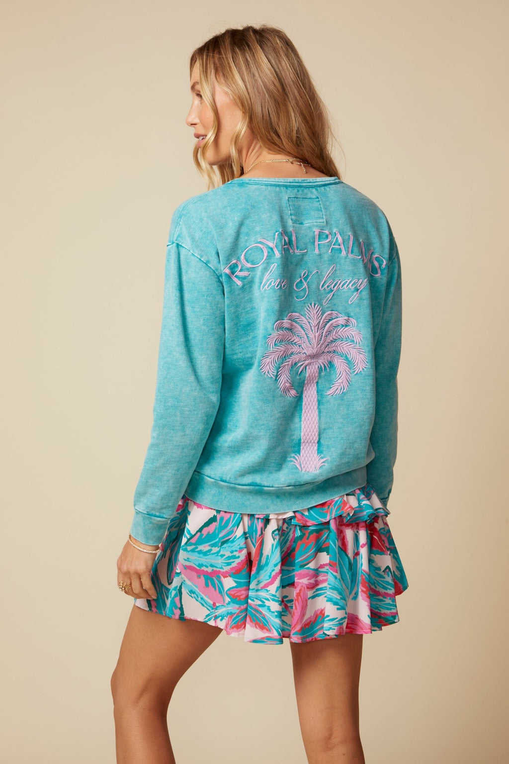 THE SOPHIE SILK MINI SKIRT IN MALLORCA PRINT - ROYAL PALMS love & legacy